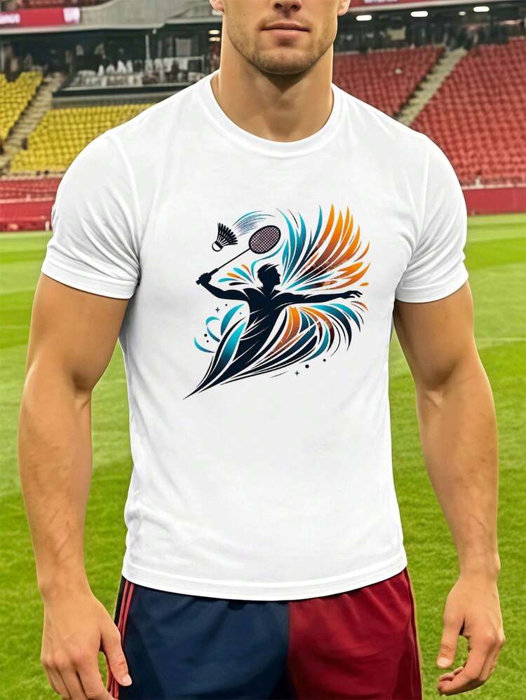 T-Shirt Sportiva Da Uomo Con Grafica Per Badminton, In Cotone Di Alta Qualità, Vestibilità Ampia, Traspirante, Casual, Con Stampa Grafica Unica. - 白色 - 查看 2