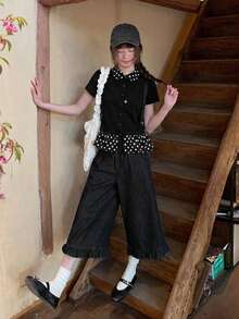 Summer New Black & Polka Dot Puff Collar Short Sleeve T-Shirt, Fitted Flattering Design, Versatile Top Casual - Black - View 7