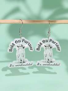 1對創意趣味時尚獨特口號西部貓咪「Hold On Partner I'm Overstimulated」壓克力耳環，女款日常穿戴派對飾品 - 彩色 - 查看 2