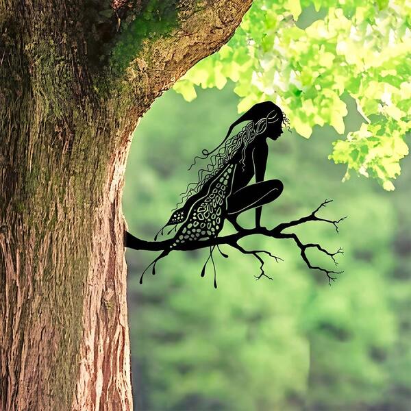 Fairy Silhouette Metal Decor, Cute Garden Fairy Ornament, Fairy Art Decor, Fairy Squatting On Tree Trunk, Tree-Shaped Metal Sign, Tree-Shaped Garden Decor