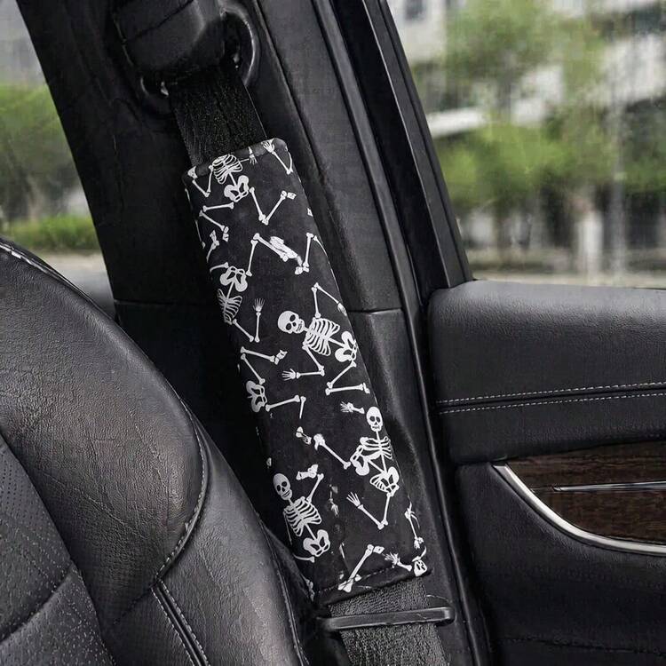 2件組舞蹈骷髏印花汽車安全帶肩墊，萬聖節主題，柔軟材質，汽車安全帶套，通用汽車內飾裝飾配件 - A - 查看 5