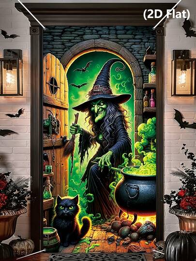 1pc Halloween Door Cover, Witch Pattern Bedroom Door Decor, Halloween Backdrop, Halloween Party Supplies, Halloween Hanging Banner, Scary Halloween Photo Props, Haunted House Decoration, Trick Or Treat Decor, Halloween Gift, Party Gift, Photo Studio Props, Halloween Home Decor, Room Decor, Outdoor Garden Supplies, Yard Decoration, Christmas Decoration, 2027 New Year Party Decor, New Year Gift, Winter Decoration