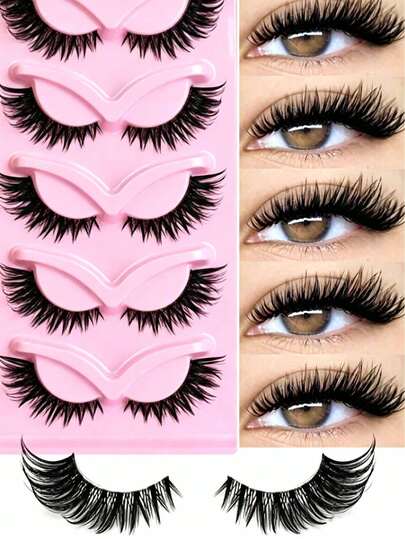 NAIJEMA Cartoon Style False Eyelashes, 5 Pairs, Fox Eye Cat Eye Shape, Curly And Fluffy, Mink Hair Eyelashes, Eyelash Extension, Natural Makeup Effect, Suitable For Daily Makeup, Create Thick And Curly Eyelash Effect.