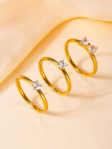 3 piezas Anillos de acero inoxidable con strass en forma de corazón 3 en 1 desmontables y personalizados, 3 piezas Anillos apilables de trébol de cuatro hojas de la suerte de lujo francés para mujer - Dorado - Ver 10