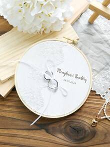 Takeoak 1pc Customized Lace Wedding Ring Pillow, Personalized Ring Holder With Name And Date Engraving, Pearl Bowknot, Rustic Elegant Round Ring Cushion, Multi-Layer Ring Display, Romantic Bridal Ceremony Decor, Engagement Anniversary Gift, Wedding Accessory - Multicolor - View 12