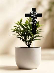 Rose Cross Metal Garden Stake, Black Hollow Rose Iron Plant Marker, Elegant Inspirational Yard Decor, Gentle Memory Remembrance Ornament For Patio Flower Pot, Thoughtful Sympathy Condolence Gift - Rose Cross Flower Vase - View 2