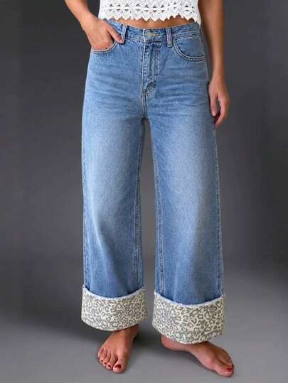 New Leopard Print Washed Elastic Casual Loose Fit Jeans For Women