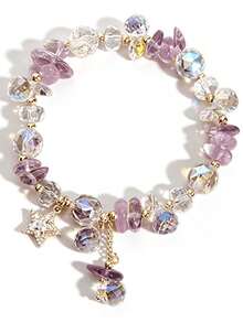 1pc Minimalist Sexy Aesthetic Fairy Style Y2K Iridescent Crystal Bracelet, Exclusive For Teenage Girls, Gold Zirconia Star Pendant With Tassel, Elastic Band, Jewelry, Suitable For Prom, Graduation Season, Music Festival, Daily Wear, Best Friend Birthday, Valentine's Day Gift - Multicolor - View 8