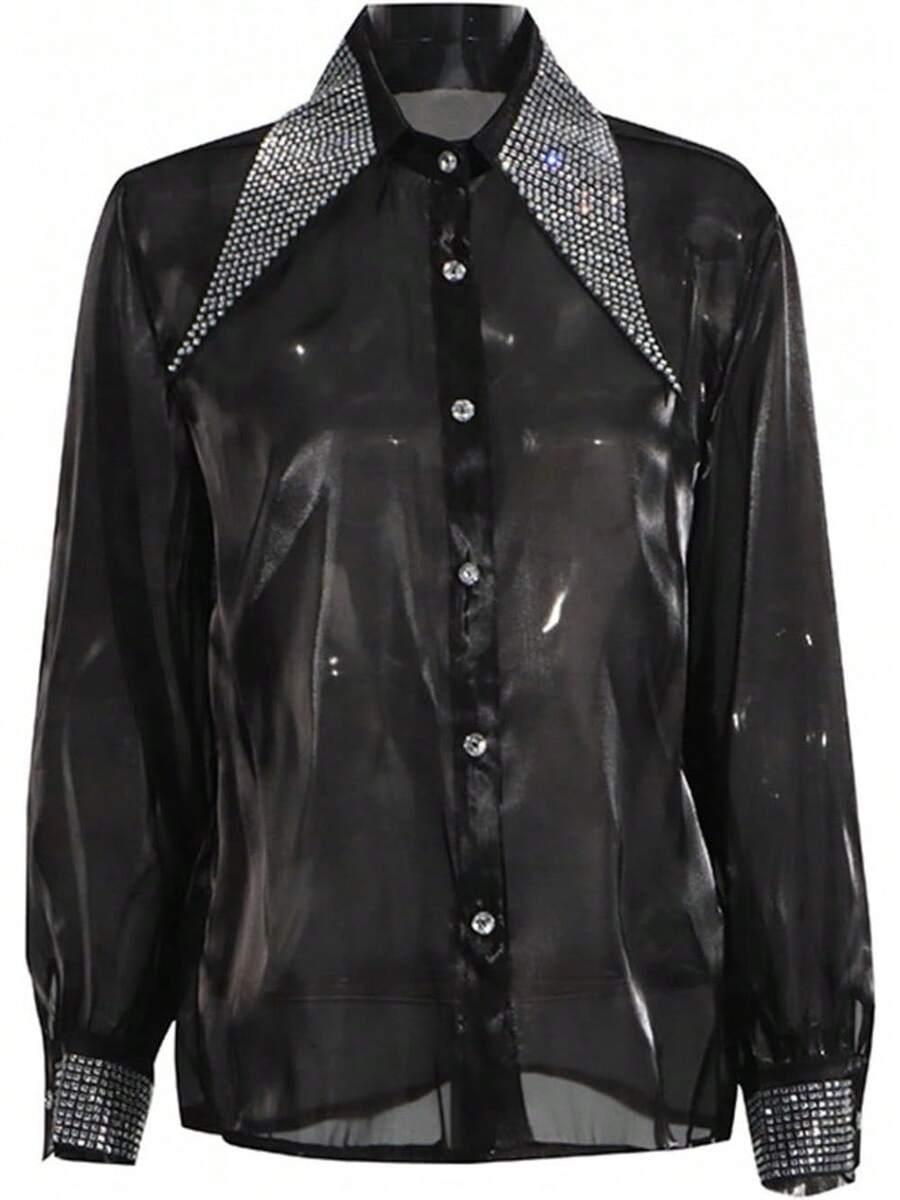 Blusa de botón transparente para mujer con strass, manga larga, sexy, moderna, camiseta de malla translúcida - Rosa Roja - Ver 1