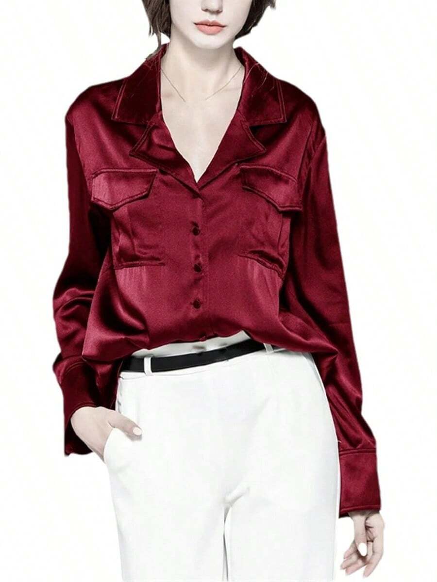 Blusa formal de manga larga brillante con bolsillos de solapa para mujer - Azul - Ver 1
