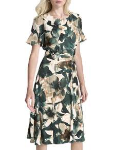DKNY Vestido Midi de Gasa con Mangas y Falda Godet Vestido para Mujer - Equipaje - Ver 18