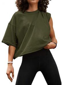 Camisetas Cortas de Manga Corta para Mujer, Estilo Casual, Básicas, de Algodón, para Yoga, Running y Deportes - Verde militar - Ver 5