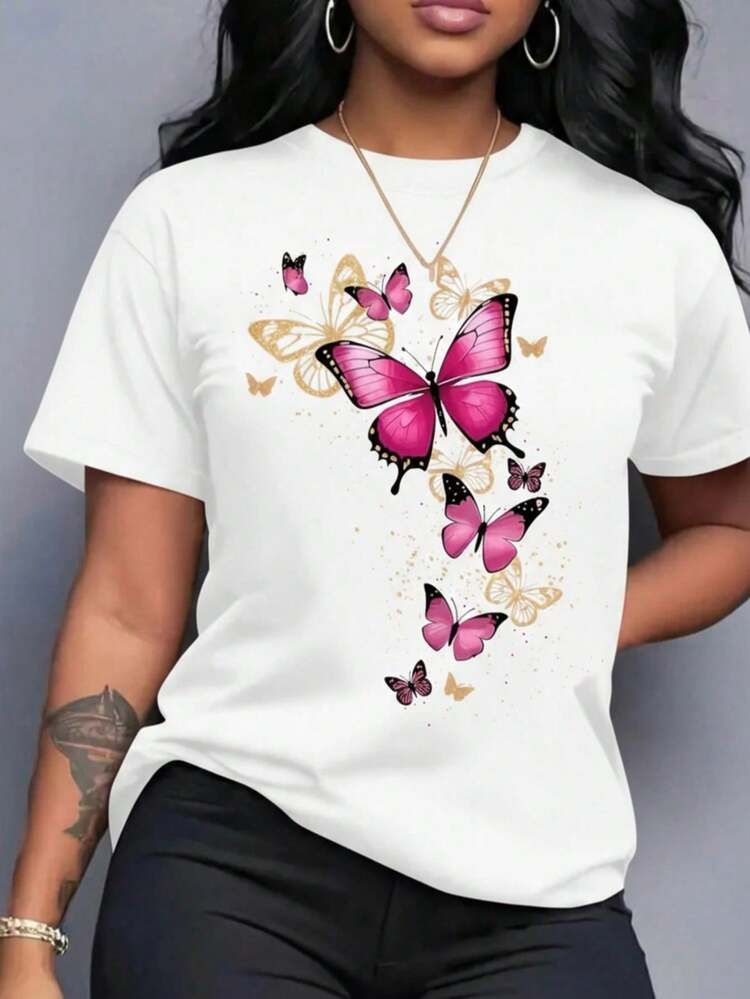 Playera camiseta gráfica dama mujer manga corta cuello redondo básica cómoda fresca ligera moderna juvenil estampado mariposas volando degradado - Blanco - Añade 1