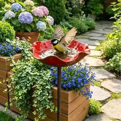 Bain d'oiseau imprimé plat 2D en acrylique - Décoration de jardin, Décoration de piquet de jardin, Création exquise, Décoration unique pour plantes en pot, jardinières de fenêtre ou parterres de fleurs extérieurs, Fournitures pour oiseaux de compagnie, Accessoires d'habitat d'oiseaux avec piquet de sol de jardin, Accessoires pour perruches, Jouets et fournitures de divertissement pour cages de perroquets et petits oiseaux