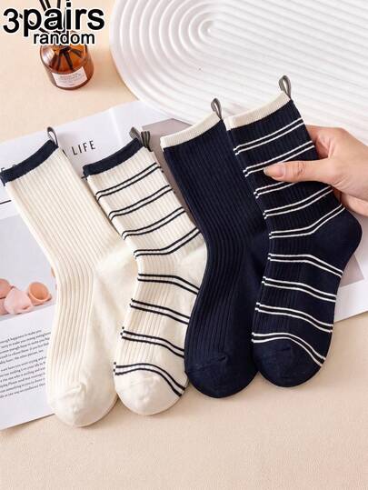 3 Pairs Random Assorted Unisex Contrast Color Fine Striped Skin-Friendly Durable Comfortable Breathable Japanese Minimalist Mid-Calf Socks Suitable For Home Daily Office Gift Occasions