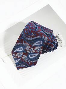 1 pieza Corbata de hombre con base burdeos y estampado paisley azul & blanco con flores de anacardo jacquard, estilo vintage británico para negocios, formal, novio, boda y banquete, corbata de traje anudada a mano - Base de color rojo vino con flores de anacardo de estampado paisley azul y blanco. - Ver 1
