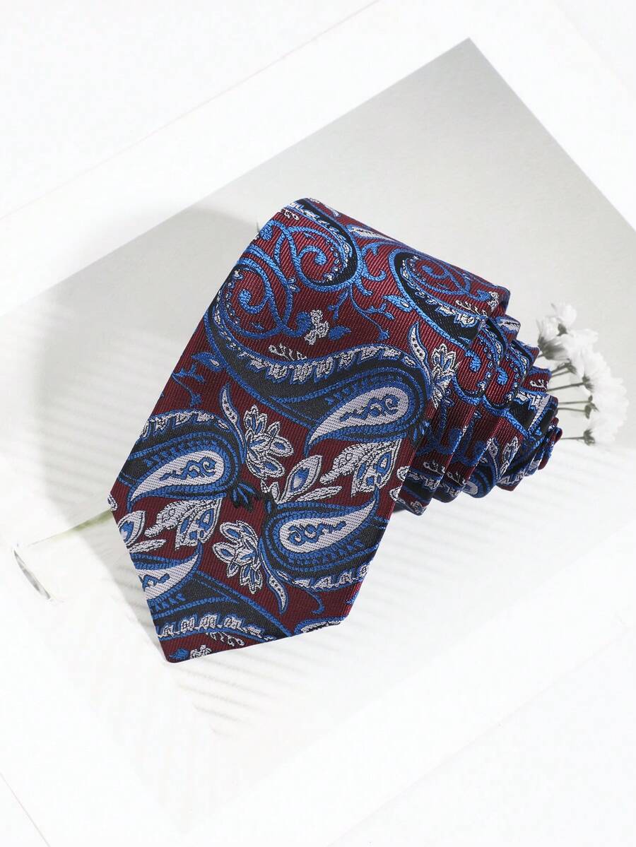 1 pieza Corbata de hombre con base burdeos y estampado paisley azul & blanco con flores de anacardo jacquard, estilo vintage británico para negocios, formal, novio, boda y banquete, corbata de traje anudada a mano - Base de color rojo vino con flores de anacardo de estampado paisley azul y blanco. - Ver 1