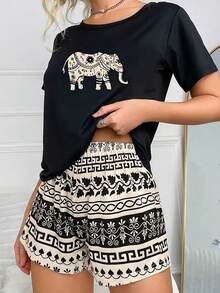 Conjunto de pijama casual y sencillo con estampado de elefante para mujer - Negro - Ver 4