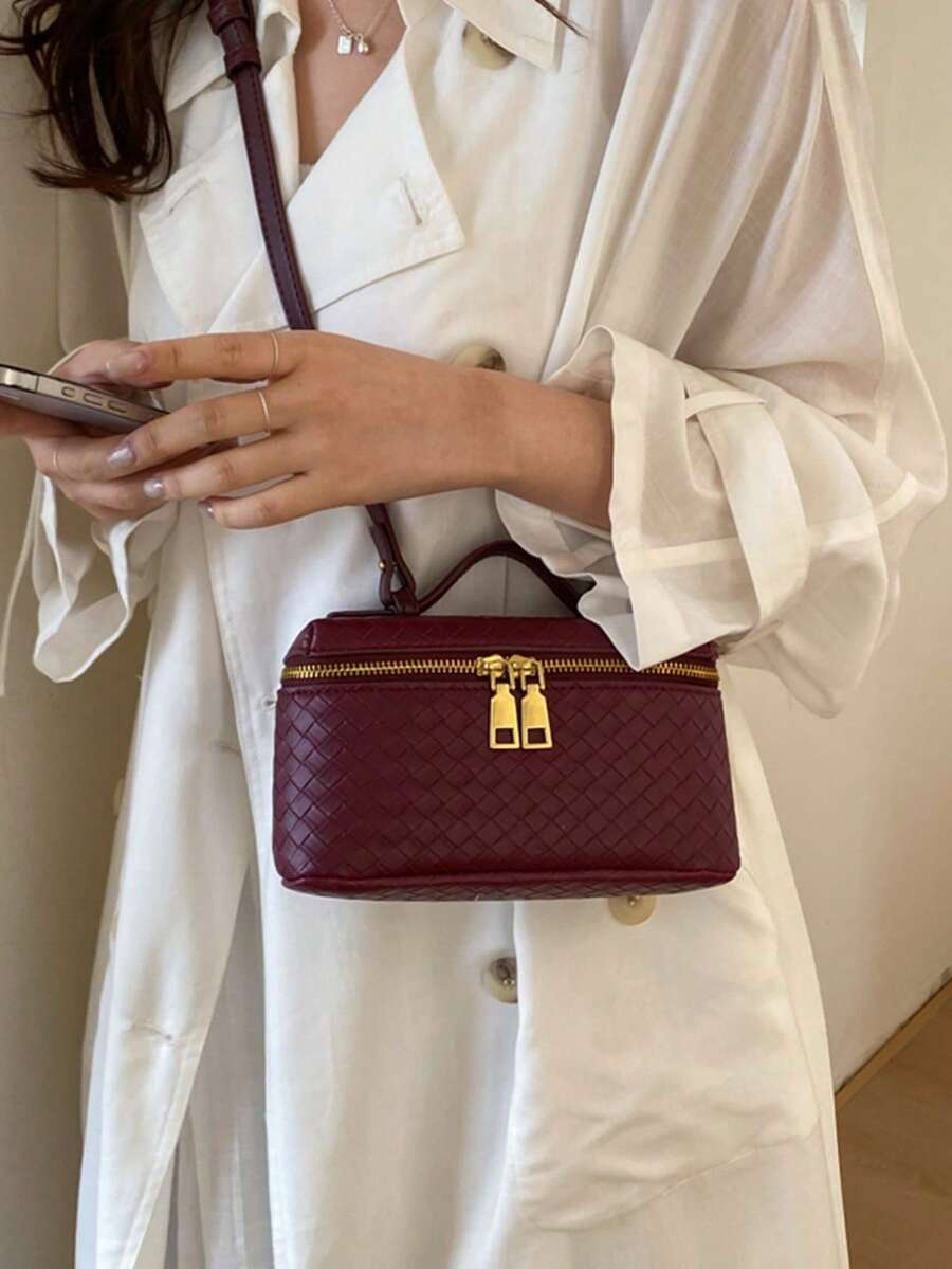 Woven Texture Fashion Box Bag 2026 Spring/Summer New Shoulder Handbag Crossbody Lunch Box Bag, PU Material - Burgundy - View 1