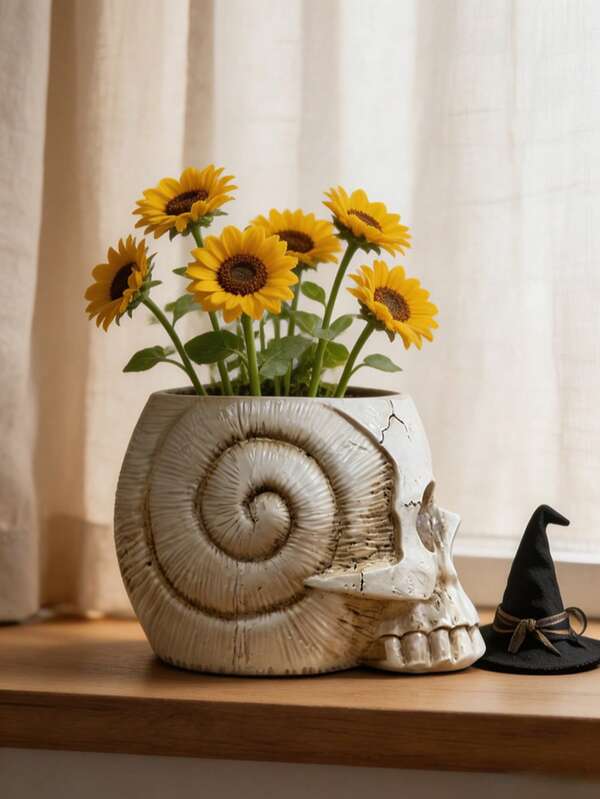 1pc Creative Gothic Skull Planter Spiral Shell Design Vintage Plant Pot Fantasy Home Decor Desktop Ornament Halloween Decoration Flower Container