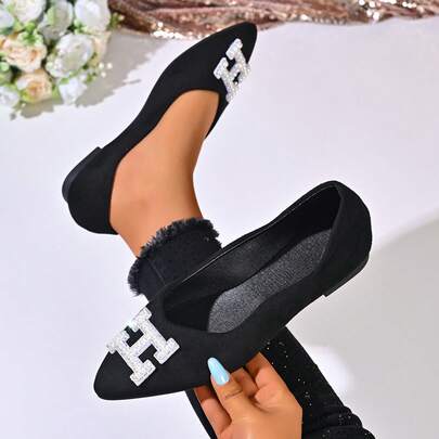 Women's Fashion/Comfort Pearl Embellished Solid Color Pointed Toe/Low Vamp Flat Heel/Flat Sole Pumps Sweet/Elegant/Fairy Style Young Women/Date/Shopping/Spring & Autumn/Black Matte Leather/Suede Flat Shoes