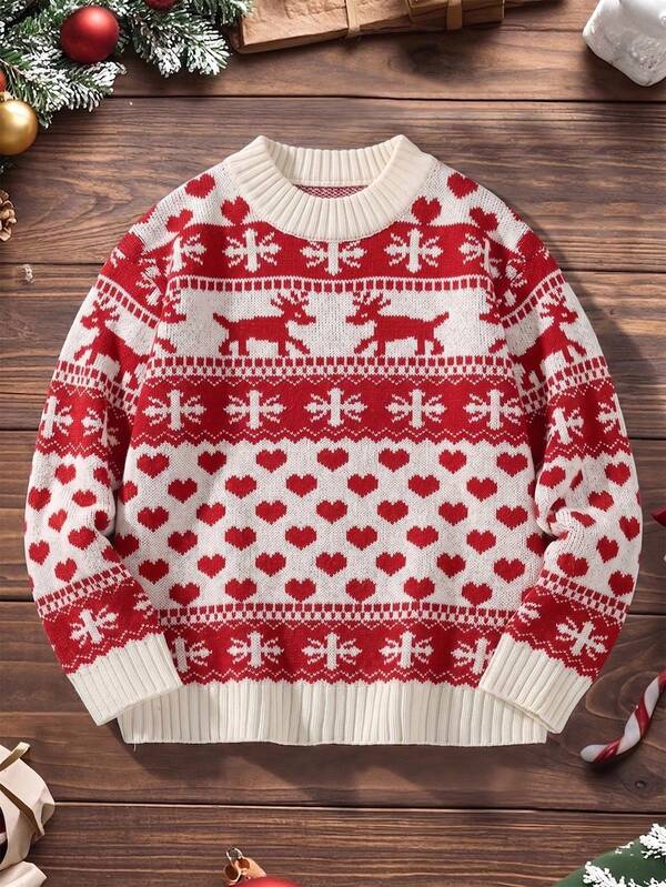 Teen Boys Christmas Reindeer & Snowflake Pattern Sweater, Autumn/Winter Red & White Jacquard Knit Crew Neck Pullover
