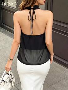 Women Elegant Summer-Halter Neck Black Blouse-Blouse Sheer Mesh Back Tie Flowy,Lightweight Breathable Chiffon Suitable For Summer Daily,Party & Beach - Black - View 3