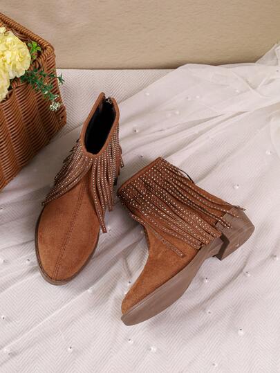 Girls' Brown Western-Style Tassel Ankle Boots, Rhinestone Tassel Side Zipper Mid-Heel Vintage Denim Ankle Boots, Suitable For Daily Wear And Party Outfits