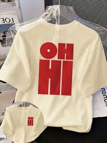 大尺碼女款日常復古紅色 OH HI 字母印花圓領短袖休閒 T-shirt 上衣 夏季 - 杏色 - 查看 6