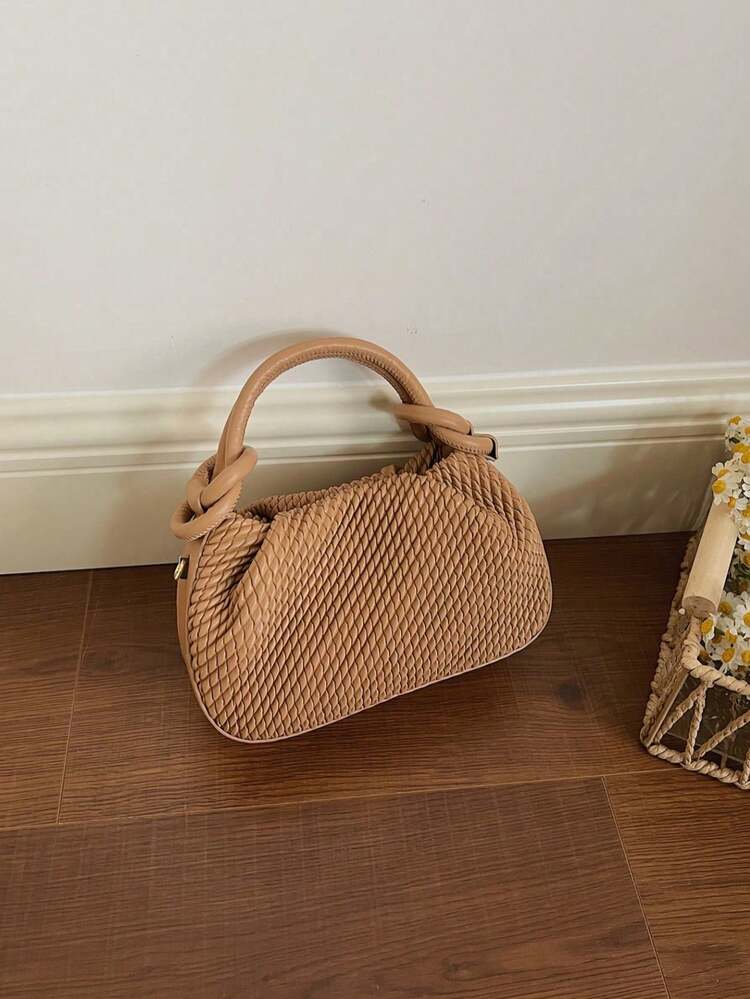 Khaki Woven PU Leather Handbag, Unique Twist Handle Cloud Bag; Suitable For Commuting, Work, Daily Shopping, Weekend Outings, Suitable For Career Women, Students And Young Moms. - Khaki - View 6