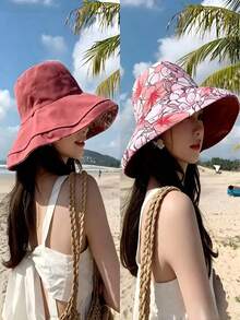 女款印花水桶帽 夏季寬邊防曬帽 可正反穿戴 可折疊 定型帽沿 防曬帽 戶外旅行沙灘帽（防風繩款 顏色隨機） - 多色 - 查看 7