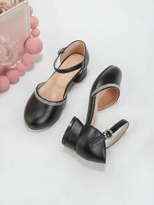 Girls' 30-37 Size Pointed Toe Rhinestone Hollow Ankle Strap Chunky Heel Pumps, New Fashion Party Wedding Style Solid Color Princess Shoes - Black - View 4