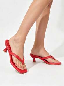 Sandalias tipo chanclas de tacón kitten con punta cuadrada de unicolor minimalista para vacaciones y uso al aire libre - Rojo - Ver 6
