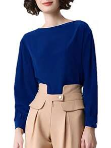 Blusa de seda de manga larga con cuello cuadrado para mujer, estilo informal, suelta, para oficina - Morado - Ver 11