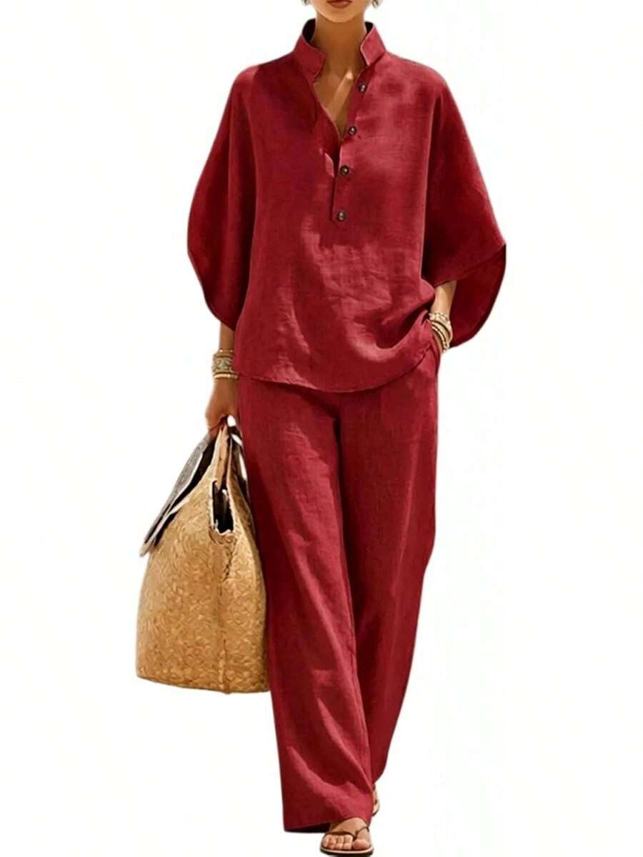 Conjunto de Dos Piezas de Lino y Algodón para Mujer con Manga de Murciélago, Camisa con Botones y Pantalones de Pierna Ancha, Atuendo Casual de Verano - Negro - Ver 1