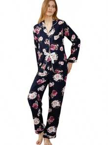 Conjunto de Pijama para Mujer con Cuello Recortado, Estampado Floral, Camisa con Botones y Pantalones Largos, Algodón, 2 Piezas, Ropa de Dormir - Amarillo - Ver 12