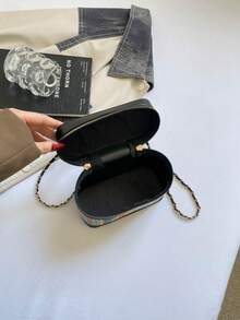 Bolso pequeño cuadrado con patrón tejido de colores contrastantes para mujer, nuevo 2026, estilo vintage, caja de maquillaje de mano, mini bolso bandolera con cadena - Negro - Ver 9