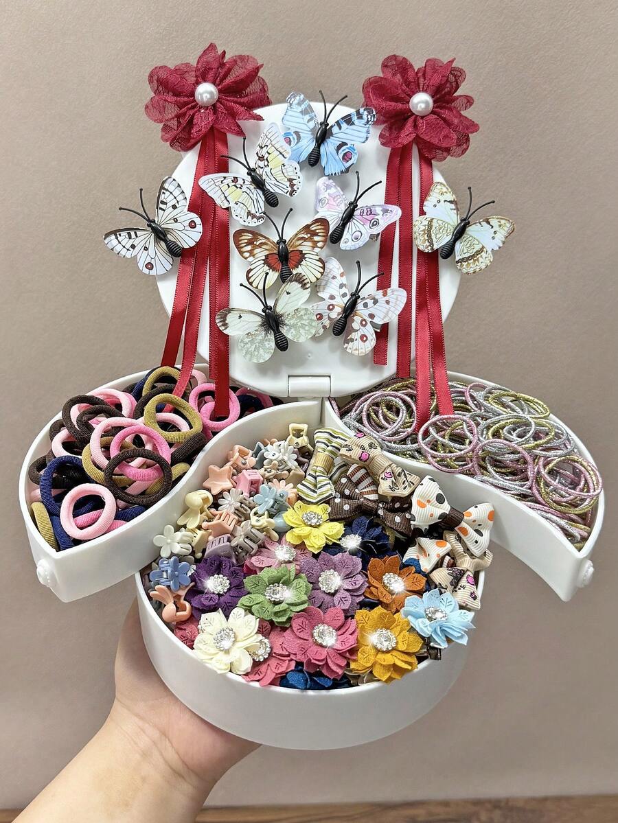 175pcs Morandi Color Block Vintage Hair Accessories Set For Girls, Includes Ribbon Flower/Artificial Butterfly/Rhinestone Satin Flower Hair Clips, Mini Claw Clips, High Elasticity Non-Damaging Hair Ties, Suitable For Daily/Party/Gift Use - Multicolor - View 1