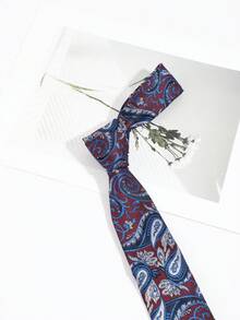 1 pieza Corbata de hombre con base burdeos y estampado paisley azul & blanco con flores de anacardo jacquard, estilo vintage británico para negocios, formal, novio, boda y banquete, corbata de traje anudada a mano - Base de color rojo vino con flores de anacardo de estampado paisley azul y blanco. - Ver 3
