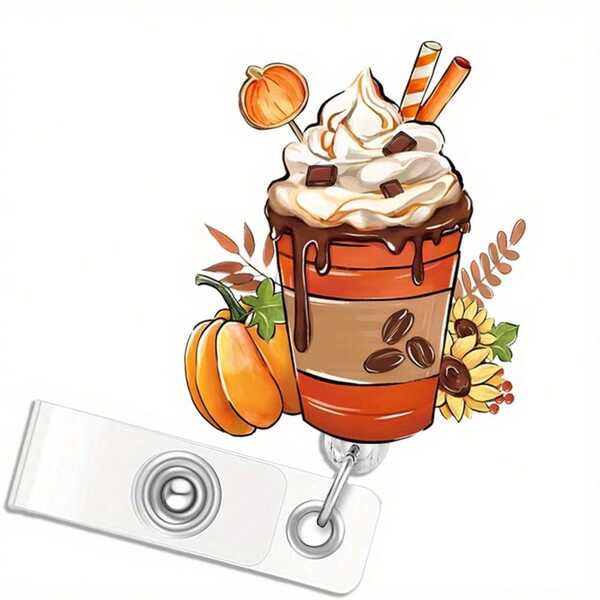 Pumpkin Spice Latte Design Thanksgiving ID Badge Holder - Autumn Nurse Clip, Retractable Clip For Medical, Office Or Autumn Decor - Durable Acrylic Badge Ring (Seasonal Workplace Decoration), Medical Accessory, Autumn Pattern, High Quality Accessory, Office Professional Share