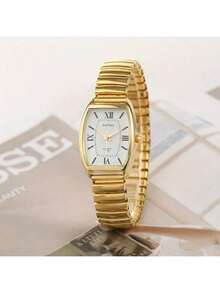 Women's Vintage Business Casual Quartz Watch - Elegant Barrel-Shaped Dial, Elastic Band, Minimalist Fashion Wristwatch For Daily Office & Daily Wear - 金色 - 查看 4