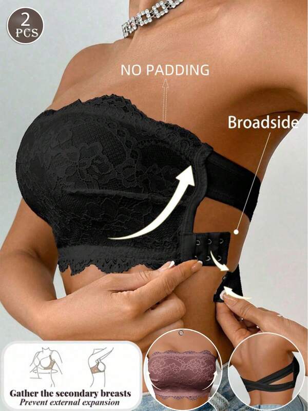 2pcs Women's Strapless Push-Up Bra, Sexy Lace, Non-Slip Design, Side Hook Closure Without Padding, Suitable For Daily, Sports, Matching With Dresses