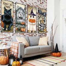 4pcs Halloween Vintage Hanging Flags Party Decoration, Vintage Theme Party Banner, Black Cat, Skeleton, Ghost Horror Decor, Outdoor Wall Art, Porch Sign Backdrop, Suitable For Haunted House Halloween Decoration, Halloween Party Supplies - A - View 4