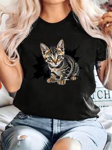 Talla Grande, Camiseta de Mujer con Estampado de Gato Atigrado - Linda Cara de Gato Atigrado con Diseño en Negro y Marrón, Suave Poliéster, Cuello Redondo, Manga Corta, Ropa Casual, Comodida - Negro - Ver 1