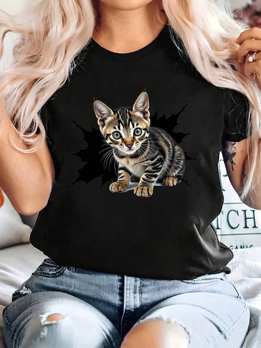 Talla Grande, Camiseta de Mujer con Estampado de Gato Atigrado - Linda Cara de Gato Atigrado con Diseño en Negro y Marrón, Suave Poliéster, Cuello Redondo, Manga Corta, Ropa Casual, Comodida - Negro - Ver 1