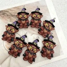 6件樹脂萬聖節女巫帽狼吊墜，適合DIY珠寶製作，完美用於派對配件、耳環、項鍊、包包吊飾 - 黑色帽子狼女巫吊墜 - 查看 5