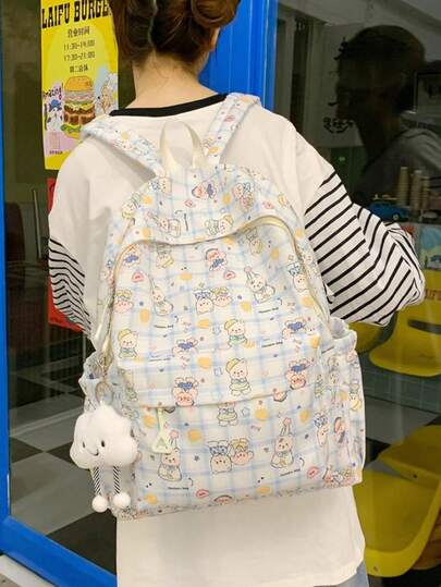 1pc Girls Puppy Print Nylon Zipper Closure Cute Backpack Student School Bag Suitable For All Seasons Daily Use Without Pendant