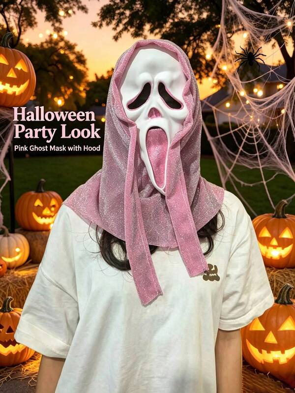 Halloween Sparkly Pink Ghost Face Mask With Hood, Scary Full Face Cosplay Mask For Halloween Party Haunted House Trick Or Treat Costume Props