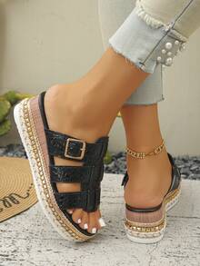 Women's Summer New Wedge Heel Thick Sole Open Toe Beach Sandals Black Crocodile Pattern Roman Style Hollow Wide Strap Metal Buckle Slip-On Slouchy Shoes European American Vintage Bohemian Vacation Style Comfortable Non-Tiring Soft Sole Shock-Absorbing Plus Size Casual Versatile Lightweight Stable Non-Slip Wear-Resistant Skin-Flattering Platform Shoes Wood Grain Heel Woven Edge Fashion Street Personality Slip-On - Black Crocodile Pattern - View 5