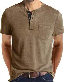 YOUTHGO Camiseta Henley Casual para Hombre Playera de Solapa Frontal de Manga Corta con Botones - vino tinto (manga largo) - Ver 16